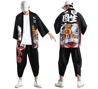 Kimono Uomo Giapponese Kimono Set, Set Cardigan Stile Cinese Aperto sul Davanti Stampato a Sette Maniche Giacca E Pantaloni Cardigan Giappone Abito da Pigiama Tradizionale Antico Plus Size