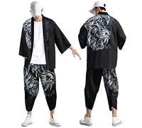 Kimono Uomo Giapponese Set Kimono, Set Cardigan Stile Cinese Aperto sul Davanti Stampato a Sette Maniche Giacca E Pantaloni Kimono Giapponese Cardigan Abito da Pigiama Tradizionale Antico Plus Size