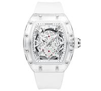 KIMSDUN - Elegante orologio sportivo con scheletro, impermeabile, analogico al quarzo, con data, calendario, cassa tonneau trasparente, cinturino in silicone per uomo unisex, Bianco-bianco.