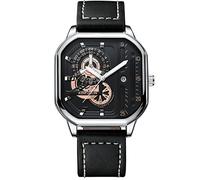KIMSDUN -Elegante orologio sportivo, impermeabile, analogico al quarzo data calendario orologio da polso, orologio casual, cinturino in vera pelle per studenti, uomini, regalo, Argento-Nero-Nero, Orologio casual,