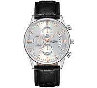 KIMSDUN Orologi sportivi alla moda, 3 quadranti, cronometro, impermeabile, analogico al quarzo, orologio da polso con calendario della data, orologio casual sottile, cinturino in acciaio inossidabile/vera pelle per uomini, studenti, Argento-Bianco-Oro-Pelle-2, Orologio casual,