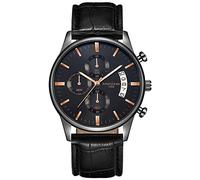 KIMSDUN Orologi sportivi alla moda, 3 quadranti, cronometro, impermeabile, analogico al quarzo, orologio da polso con calendario della data, orologio casual sottile, cinturino in acciaio inossidabile/vera pelle per uomini, studenti, Nero-Nero-Oro-Pelle-2, Orologio casual,