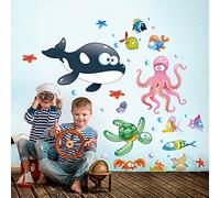 kina - Adesivo Murale Bambini Decorazione Parete Cameretta R00195 - Materiale Eco-Tessuto, Ecologico Anallergico, Riposizionabile, Effetto Carezza, Asilo Nido - Grafica Mare e Misura 120x30 cm