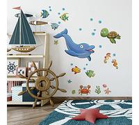 kina - Adesivo Murale Bambini Decorazione Parete Cameretta R00341 - Materiale Eco-Tessuto, Ecologico Anallergico, Riposizionabile, Effetto Carezza, Asilo Nido - Grafica Mare Pesci e Misura 100x30 cm