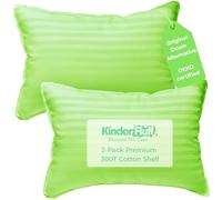 kinder Fluff Children Pillow (2Pack) [35x50cm] - Junior Pillows for Kids Age 4+, 100% Cotton Sateen Stripes Shell 300T, Down Alternative Fill, Machine Washable - Children & Travel Cushion - Green - M