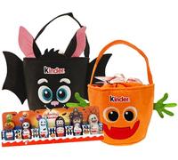 Kinder KIT HALLOWEEN 2025 con FIGURE CAVE + Doppia Borsetta Sacchetto Happy Snack ARANCIO + NERA con Kinder Bueno, Cioccolato, Maxi, Cereali e Tic Tac 218g (EDIZIONE 2025)