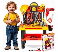 Kinderplay Banco da Lavoro Bambini - Officina Giocattolo con Trapano Elettrico e 50 Accessori - 3+ Anni - Casco Incluso - 58x33x68 cm