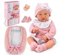 Kinderplay Lili Bambola 41 cm con corpo morbido, effetti sonori e ciuccio, incluso nido reversibile da 43 cm, biberon e vestiti, bambola realistica, gioco di ruolo, regalo per ragazze dai 3 anni in su