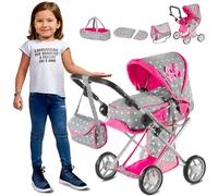 Kinderplay Passeggino per Bambole 3-in-1 - Manico Regolabile 36,5-64 cm - Carrozzina Giocattolo con Borsa - Ruote in Schiuma Silenziose - Per Bambole fino a 40 cm