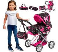 Kinderplay Passeggino per bambole a partire da 1 2 3 anni, giocattolo 3 in 1, per esterni, con borsa per il trasporto rimovibile e borsa a tracolla, regolabile in altezza fino a 62 cm, KP0200R