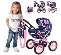 Kinderplay Passeggino profondo per bambole, manico regolabile in altezza 33-63 cm, ruote in schiuma, pieghevole, dai 3 anni in su, con borsa e cestino inferiore, per bambole fino a 41 cm