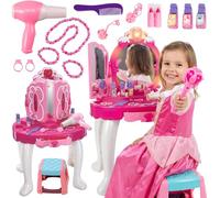 Kinderplay Postazione Trucco per Bambina con Specchiera - Bacchetta Magica, Luci e Suoni, Ingresso MP3 - Sgabello Incluso, Specchio Infrangibile, 50x32x72 cm