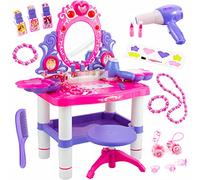Kinderplay Toeletta Trucco Bambina con Specchio Magico - Luci e Suoni, Phon a Batteria, Ingresso MP3 - Sgabello Incluso - 62x33x64,5 cm - 3+ Anni