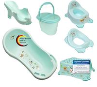 KiNDERWELT Set da 6 pezzi Funny Farm aqua per neonati - vasca da bagno, supporto per vasca da bagno, seggiolino da bagno, vaso, sedile WC, sgabello, pattumiera per pannolini, tubo di scarico, guanto