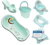KiNDERWELT Set da 6 pezzi Z Funny Farm aqua per neonati - vasca da bagno, supporto per vasca da bagno, seggiolino da bagno, vaso, sedile WC, sgabello a due livelli, pattumiera per pannolini, tubo di