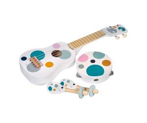Kindsgut set strumenti musicali bambini con chitarra, sonagli e tamburello, colori tenui e moderni, materiale ecologico, privo di sostanze nocive, punti