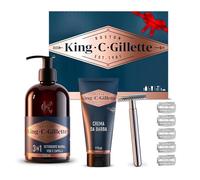 King C. Gillette Idea Regalo Uomo con Rasoio di Sicurezza, 5 Lamette di Ricambio, Gel e Detergente Viso Barba, Confezione Regalo Set Barba Uomo Professionale