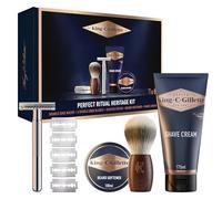 King C. Gillette Men's Optimal Heritage Ritual Kit Cura Barba Profumata | Rasoio di Sicurezza Barba Manuale, 5 Lamette, Pennello da Barbiere, Crema e Ammorbidente, Cofanetto Regalo Uomo