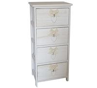 King Collection King Home C656119 Cassettiera 4 Cassetti con Cuore Washed in Legno di Paulownia, Bianco