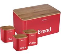 KING HOFF - Set di 4 contenitori da cucina, per pane, tè, caffè e zucchero Red