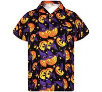 King Kameha Camicia da uomo con stampa digitale 3D zucche scheletriche a maniche corte abbottonate, Design cappello zucca multicolore viola, L