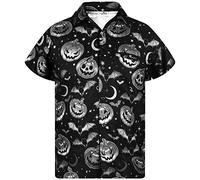 King Kameha Camicia da uomo con stampa digitale 3D zucche scheletriche a maniche corte abbottonate, Design pipistrello zucca grigio, L