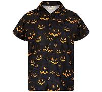 King Kameha Camicia da uomo con stampa digitale 3D zucche scheletriche a maniche corte abbottonate, Pumpkin Allover Nero, XL