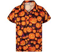 King Kameha - Camicia da uomo per Halloween con stampa digitale 3D di zucche e scheletri, a maniche corte, con bottoni, XS