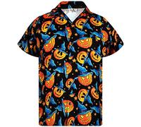 King Kameha - Camicia da uomo per Halloween con stampa digitale 3D di zucche e scheletri, a maniche corte, con bottoni, XS