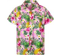 King Kameha Camicia Hawaiana Casual Funky per Bambini, Ragazzi e Ragazze, Tasca Anteriore, Maniche Corte, Unisex, Stampa Foglie di Ananas, Palme