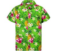 King KAMEHA Camicia hawaiana casual funky per bambini ragazzi e ragazze tasca frontale manica corta unisex stampa fiori ananas, Fiori Di Ananas Verde, 10 anni