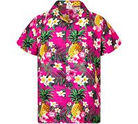 King Kameha Camicia hawaiana casual funky per uomo tasca frontale bottone giù manica corta unisex piccolo fiore stampa, Ananas Fiori Rosa, 4 Anni