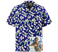 King Kameha Camicia hawaiana originale da uomo, a maniche corte, con tasca frontale, stampa hawaiana Magnum Tom Selleck, Tom Selleck Green Leaves Blu, L