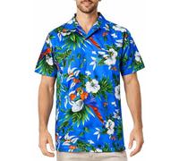 King Kameha Camicia Hawaiana Uomo a Maniche Corte con Stampa Pappagallo e Ciliegia, Cherryparrot, Blu, M