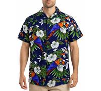 King Kameha Camicia Hawaiana Uomo a Maniche Corte con Stampa Pappagallo e Ciliegia, Cherryparrot, Blu Scuro, S