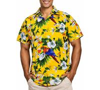 King Kameha Camicia Hawaiana Uomo a Maniche Corte con Stampa Pappagallo e Ciliegia, Cherryparrot, Giallo, 4XL
