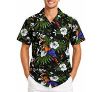 King Kameha Camicia Hawaiana Uomo a Maniche Corte con Stampa Pappagallo e Ciliegia, Cherryparrot, Nero, XS
