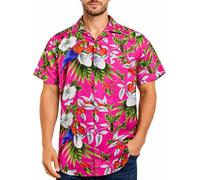 King Kameha Camicia Hawaiana Uomo a Maniche Corte con Stampa Pappagallo e Ciliegia, Cherryparrot, Rosa, XL