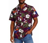 King Kameha Camicia Hawaiana Uomo a Maniche Corte con Stampa Pappagallo e Ciliegia, Cherryparrot, Rosso Bordeaux, 3XL