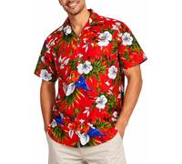 King Kameha Camicia Hawaiana Uomo a Maniche Corte con Stampa Pappagallo e Ciliegia, Cherryparrot, Rosso, M