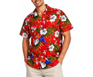 King Kameha Camicia Hawaiana Uomo a Maniche Corte con Stampa Pappagallo e Ciliegia, Cherryparrot, Rosso, M