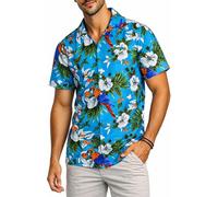King Kameha Camicia Hawaiana Uomo a Maniche Corte con Stampa Pappagallo e Ciliegia, Cherryparrot, Turchese, 3XL