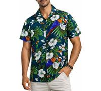 King Kameha Camicia Hawaiana Uomo a Maniche Corte con Stampa Pappagallo e Ciliegia, Cherryparrot, Verde Petrolio, M