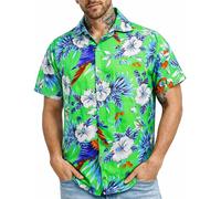 King Kameha Camicia Hawaiana Uomo a Maniche Corte con Stampa Pappagallo e Ciliegia, Cherryparrot, Verde, XXL