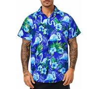 King Kameha Camicia Hawaiana Uomo a Maniche Corte, Flamingo-Flowers, Blu-Turchese, L