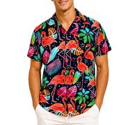 King Kameha Camicia Hawaiana Uomo a Maniche Corte, Funky-Flamingos, Blu-Marino, M