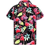 King Kameha Camicia Hawaiana Uomo a Maniche Corte, Funky-Flamingos, Nero, XL