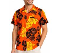 King Kameha Camicia Hawaiana Uomo a Maniche Corte Mono-Hibiscus, Arancia-Nero, L