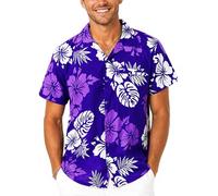King Kameha Camicia Hawaiana Uomo a Maniche Corte Mono-Hibiscus, Viola-Bianco, 5XL