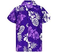 King Kameha Camicia Hawaiana Uomo a Maniche Corte Mono-Hibiscus, Viola-Bianco, 8XL